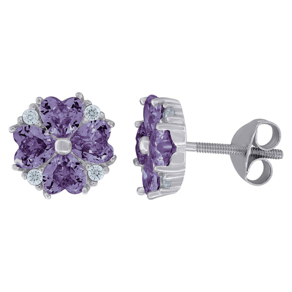 925 Sterling Silver Womens Purple Cubic Zirconia Heart Flower Motif Stud Earrings