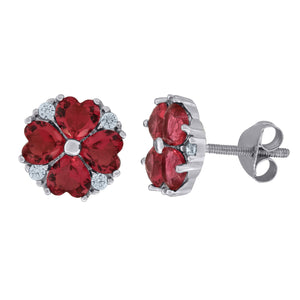 925 Sterling Silver Womens Red Cubic Zirconia Heart Flower Motif Stud Earrings