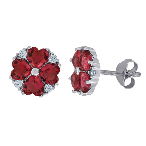925 Sterling Silver Womens Red Cubic Zirconia Heart Flower Motif Stud Earrings