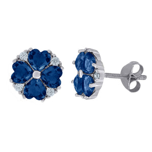 925 Sterling Silver Womens Royal Blue Cubic Zirconia Heart Flower Motif Stud Earrings