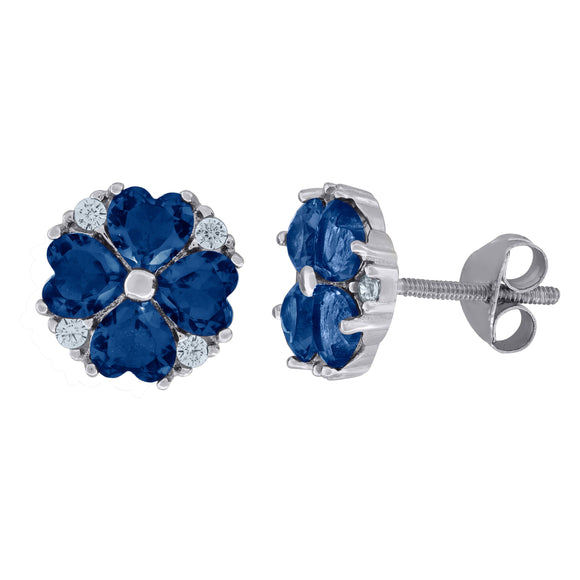 925 Sterling Silver Womens Royal Blue Cubic Zirconia Heart Flower Motif Stud Earrings