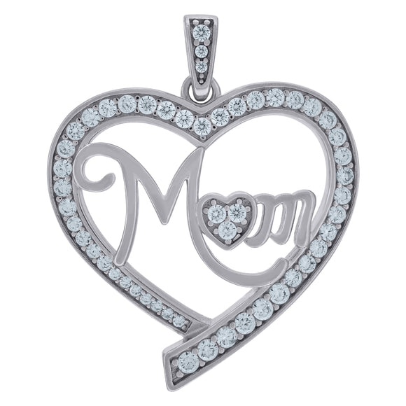 925 Sterling Silver Womens Cubic-Zirconia Heart Mom Talking Charm Pendant