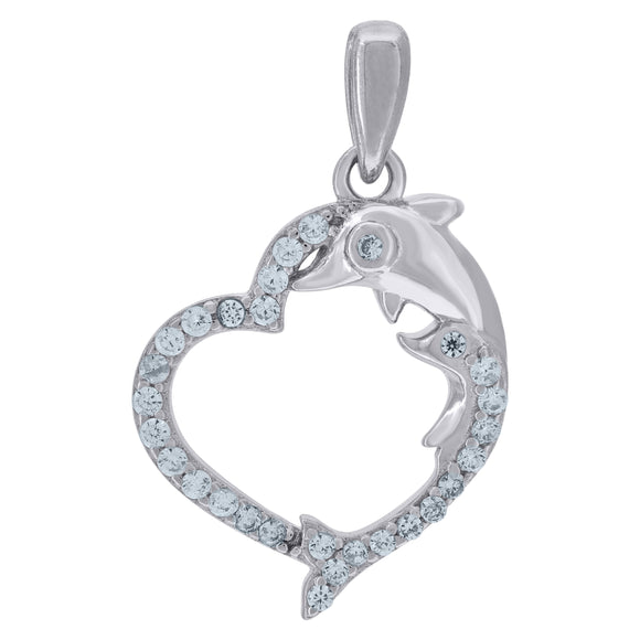 925 Sterling Silver Womens Cubic-Zirconia Dolphin Heart Charm Pendant