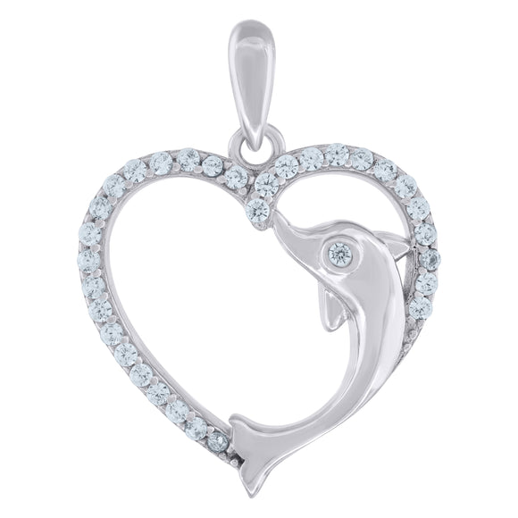 925 Sterling Silver Womens Cubic-Zirconia Dolphin Heart Charm Pendant