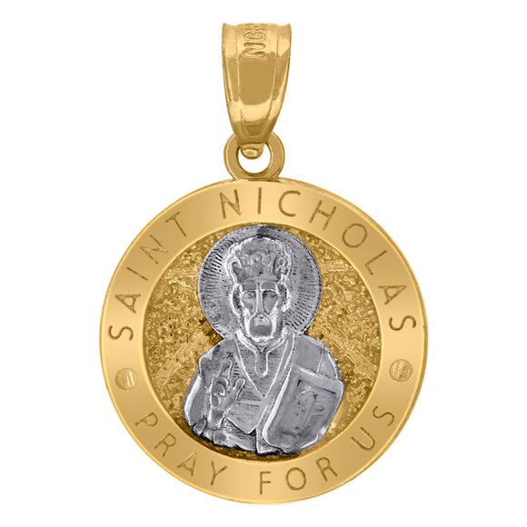 10kt Two-tone Gold Unisex Textured Saint Nicholas Pray For Us Religious Charm Pendant