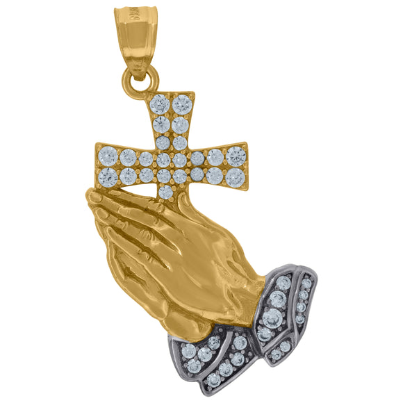 10kt Two-tone Gold Unisex Cubic-zirconia Praying Hands Holding Cross Religious Pendant