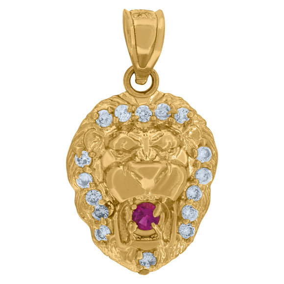 10KT Yellow Gold Mens White Pink Cubic Zirconia Lion Head Charm Pendant