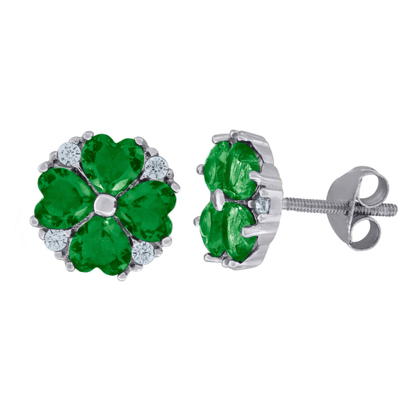 925 Sterling Silver Womens Green Cubic Zirconia Heart Flower Motif Stud Earrings
