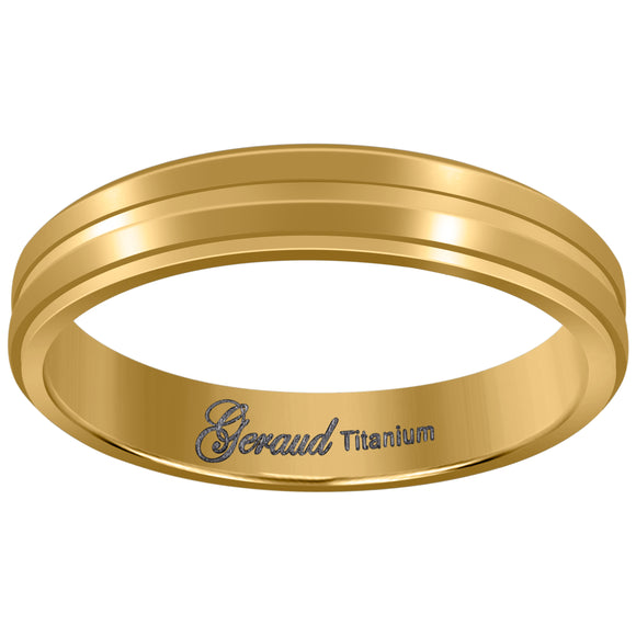 Titanium Yellow Tone Mens Grooved Center Ridged Edge Comfort Fit Wedding Band 4mm Size 7
