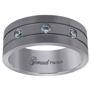 Titanium Mens Cubic Zirconia CZ Brushed Grooved Comfort Fit Wedding Band 8mm Size 8