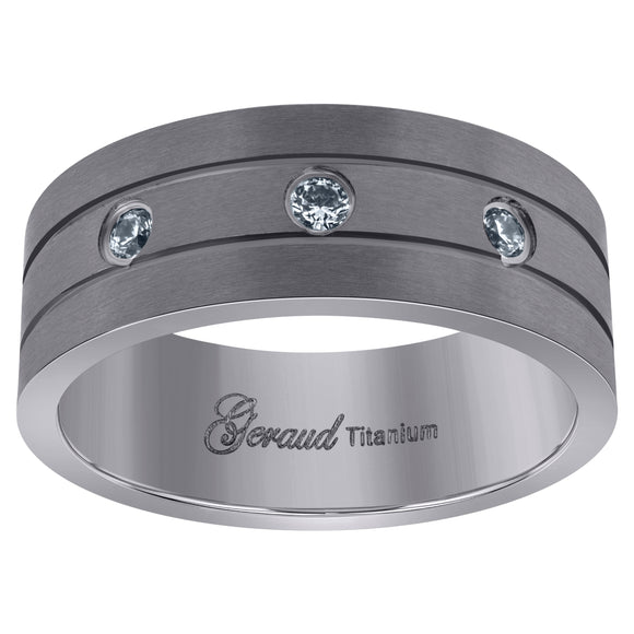 Titanium Mens Cubic Zirconia CZ Brushed Grooved Comfort Fit Wedding Band 8mm Size 8