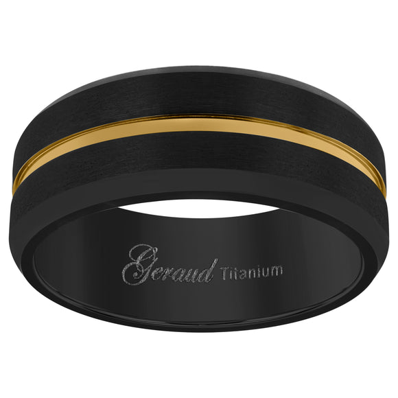 Titanium Black Yellow Tone Mens Grooved Center Beveled Edge Comfort Fit Wedding Band 8mm Size 8