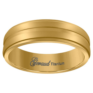 Titanium Yellow Tone Mens Grooved Center Ridged Edge Comfort Fit Wedding Band 6mm Size 7