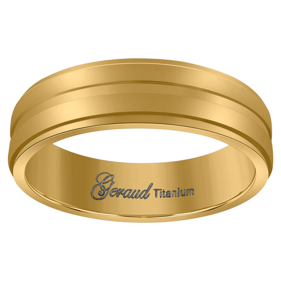 Titanium Yellow Tone Mens Grooved Center Ridged Edge Comfort Fit Wedding Band 6mm Size 7
