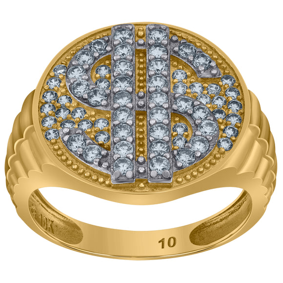 10kt Two-tone Gold Mens Cubic Zirconia Dollar Sign Bag Signet Ring
