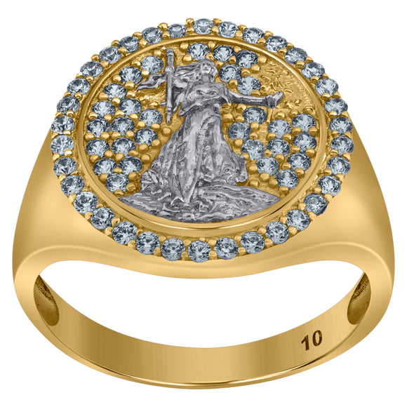 10kt Two-tone Gold Mens Cubic Zirconia Textured Lady Liberty Signet Band Ring