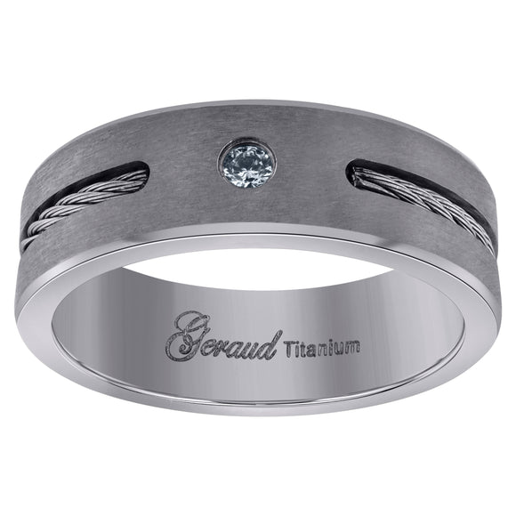 Titanium Mens Cubic Zirconia CZ Wire Cable Inlay Brushed Comfort Fit Wedding Band 7mm Size 8